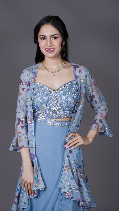 Powder Blue Viscous Georgette Palazzo Set With Jacket