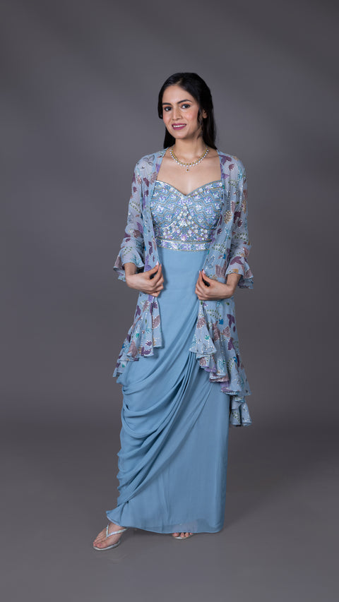 Powder Blue Viscous Georgette Palazzo Set With Jacket