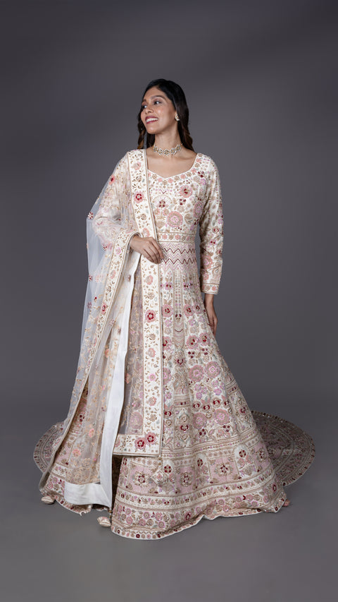 Beige Indo-Western Silk Gown With Net Dupatta