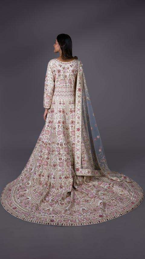 Beige Indo-Western Silk Gown With Net Dupatta