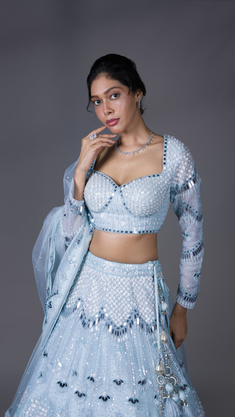 Sky Blue Organza Tissue Bridal Lehenga With Dupatta