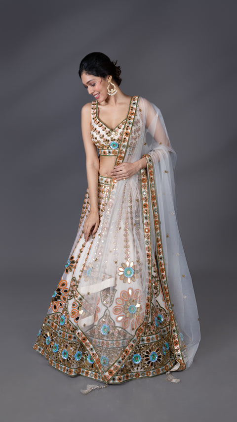 Cream Organza Tissue Bridal Lehenga With Dupatta