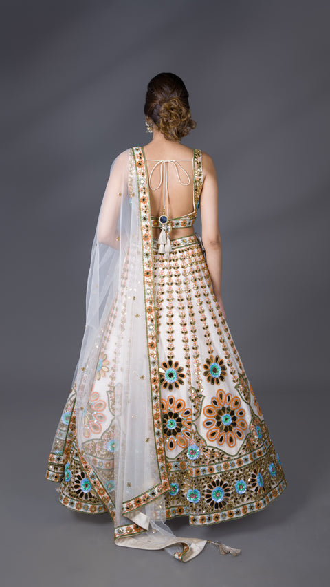 Cream Organza Tissue Bridal Lehenga With Dupatta