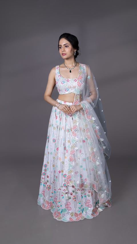 White Georgette Lehenga With Net Dupatta