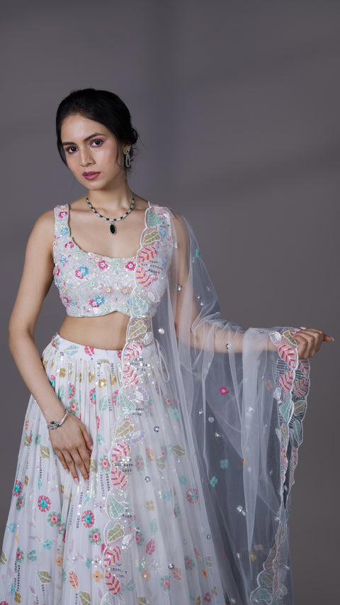 White Georgette Lehenga With Net Dupatta