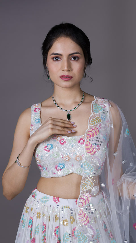 White Georgette Lehenga With Net Dupatta