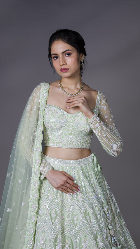 Sea Green Net Bridal Lehenga With Dupatta