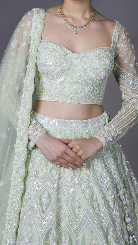 Sea Green Net Bridal Lehenga With Dupatta