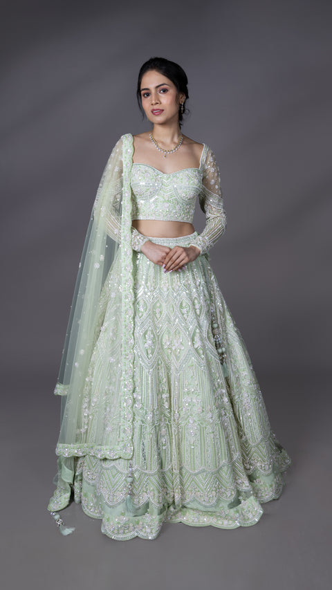 Sea Green Net Bridal Lehenga With Dupatta