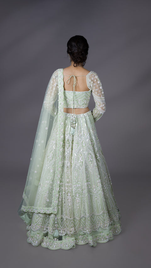 Sea Green Net Bridal Lehenga With Dupatta