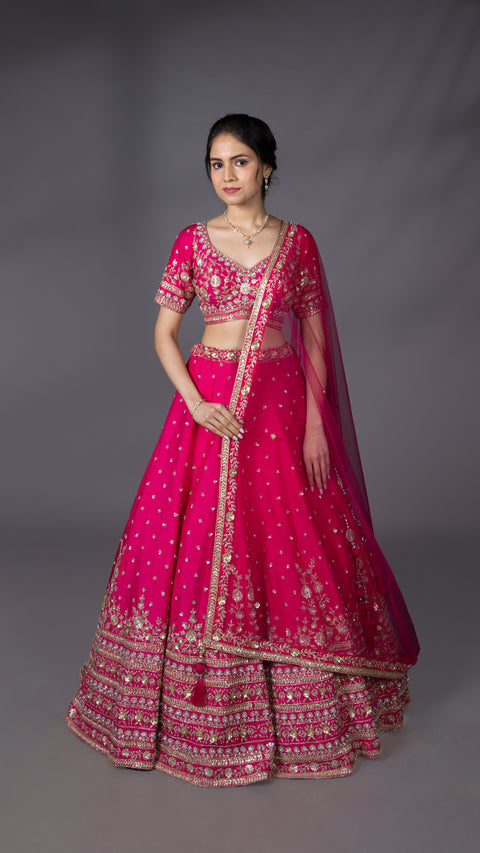 Pink Silk Bridal Lehenga With Net Dupatta