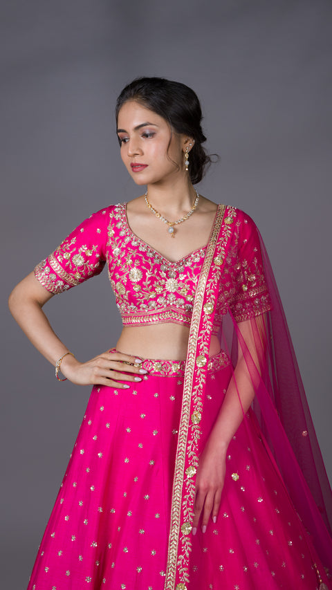 Pink Silk Bridal Lehenga With Net Dupatta