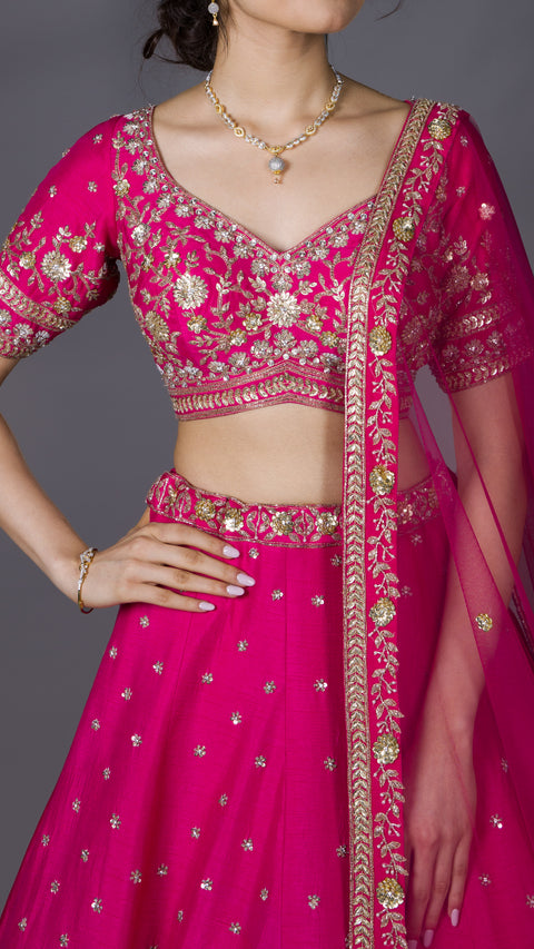 Pink Silk Bridal Lehenga With Net Dupatta