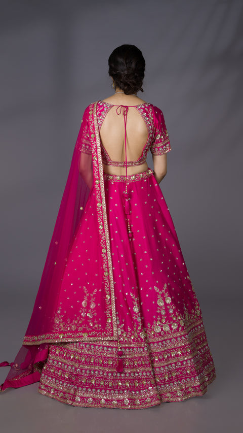 Pink Silk Bridal Lehenga With Net Dupatta