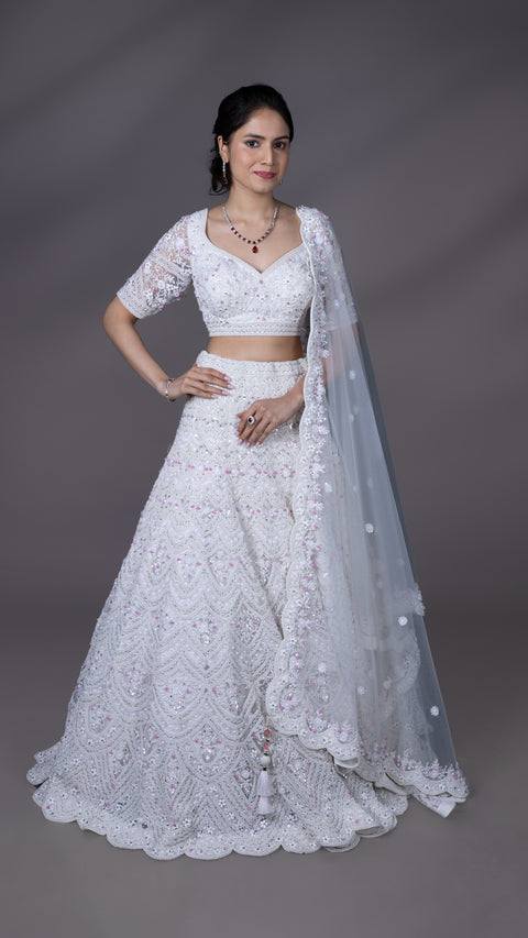 White Net Bridal Lehenga With Dupatta