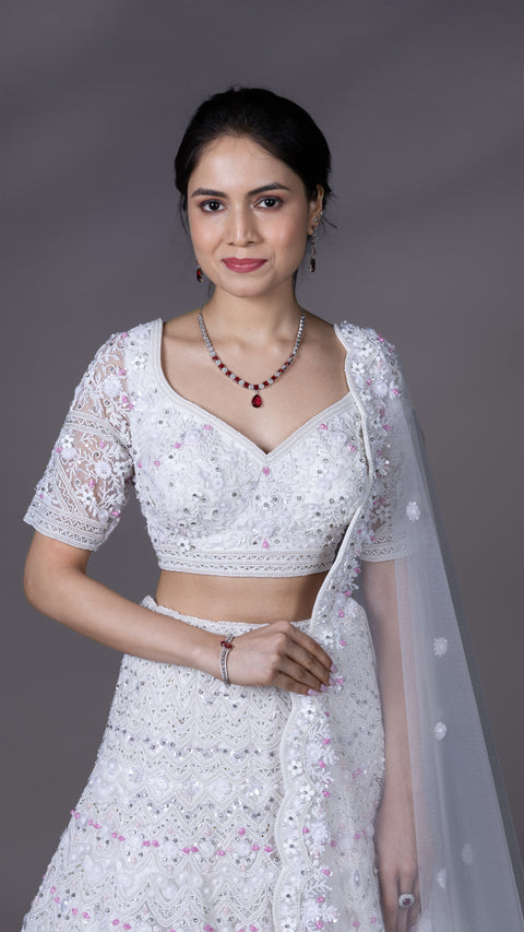 White Net Bridal Lehenga With Dupatta