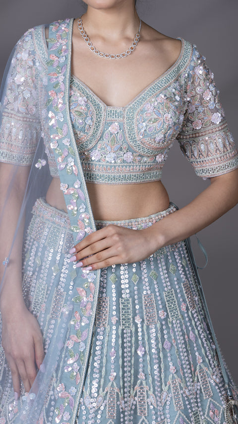 Powder Blue Net Bridal Lehenga With Dupatta