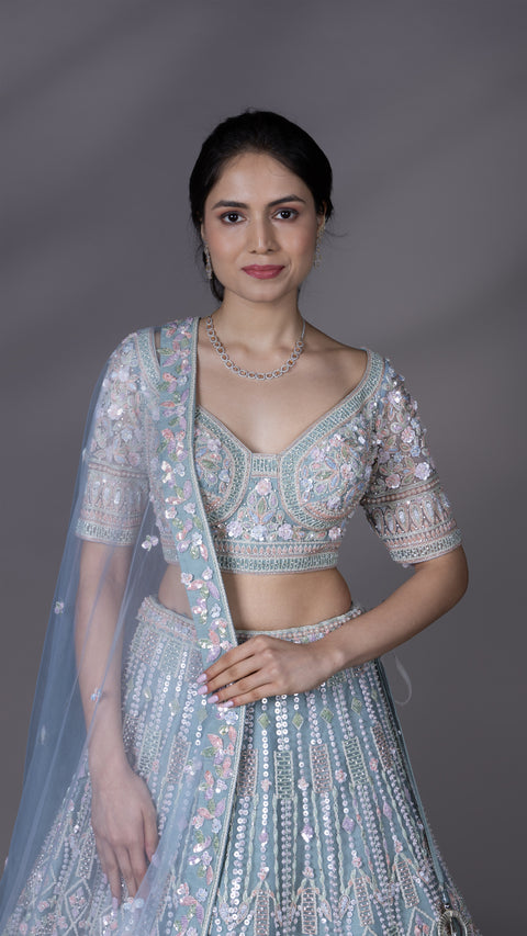 Powder Blue Net Bridal Lehenga With Dupatta