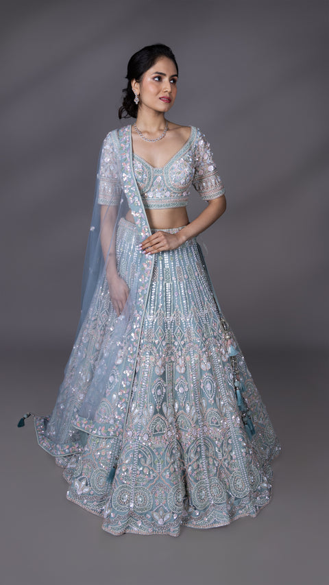 Powder Blue Net Bridal Lehenga With Dupatta