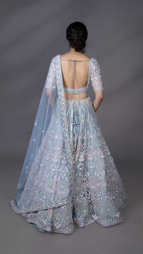 Powder Blue Net Bridal Lehenga With Dupatta