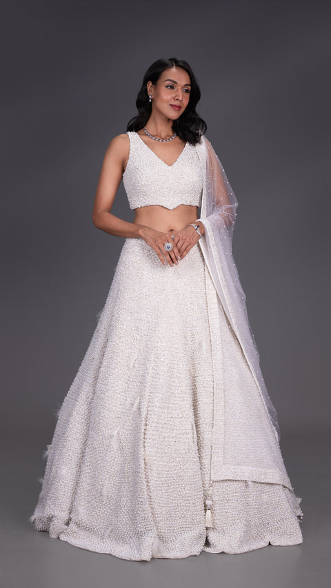 White Pure Hand Work Bridal Lehenga With Dupatta