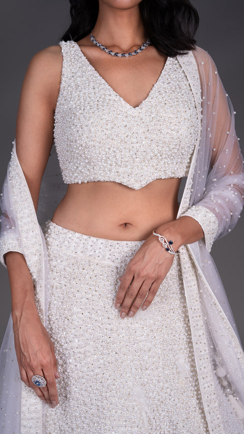 White Pure Hand Work Bridal Lehenga With Dupatta