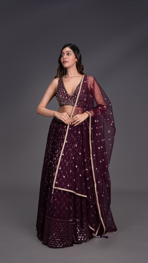 Wine Viscous Georgette Lehenga With Dupatta