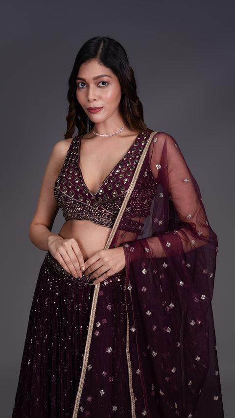 Wine Viscous Georgette Lehenga With Dupatta