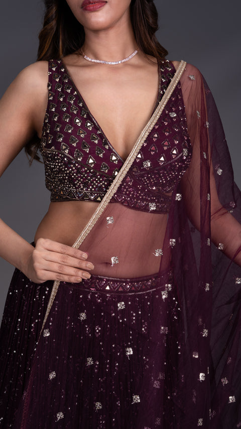 Wine Viscous Georgette Lehenga With Dupatta