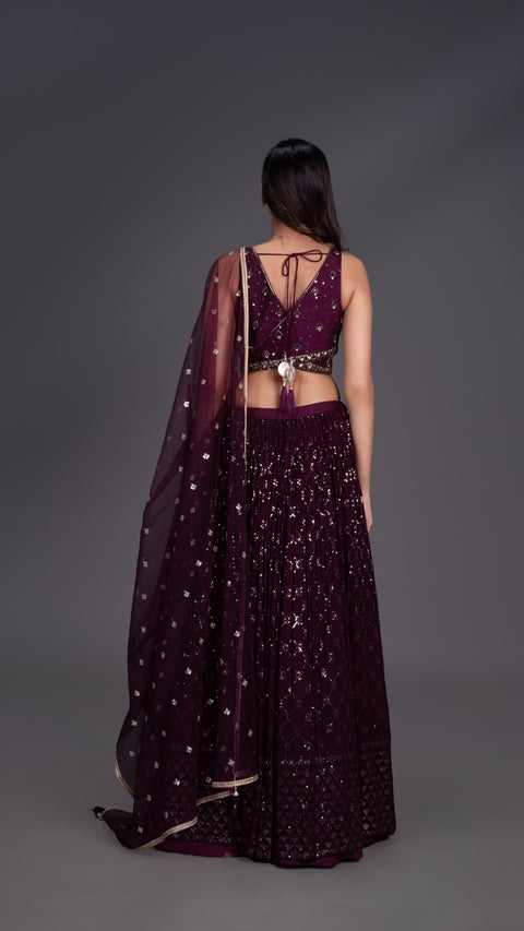 Wine Viscous Georgette Lehenga With Dupatta