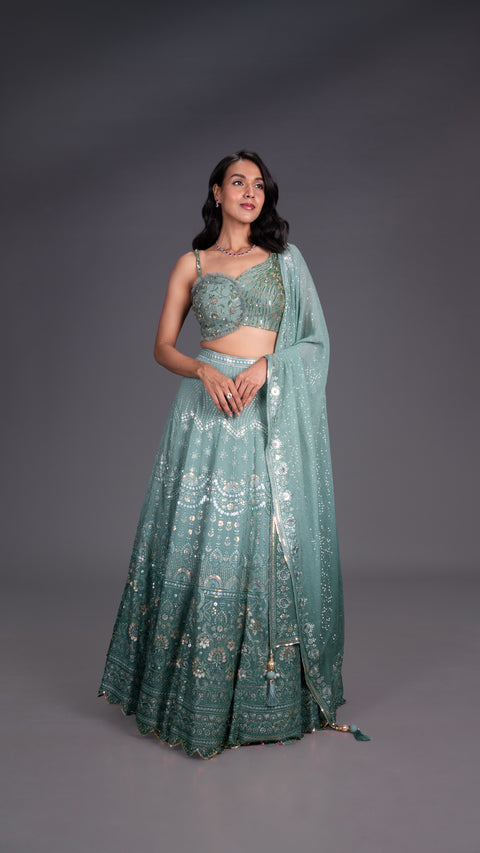 Green Viscous Georgette Lehenga With Net Dupatta