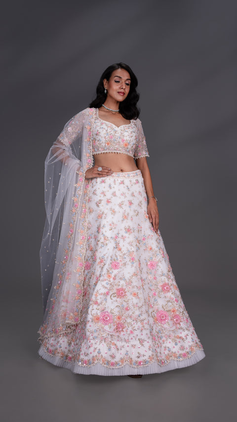 White Floral Net Bridal Lehenga With Dupatta