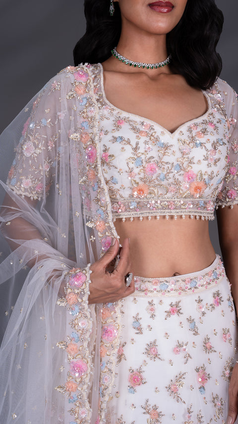 White Floral Net Bridal Lehenga With Dupatta