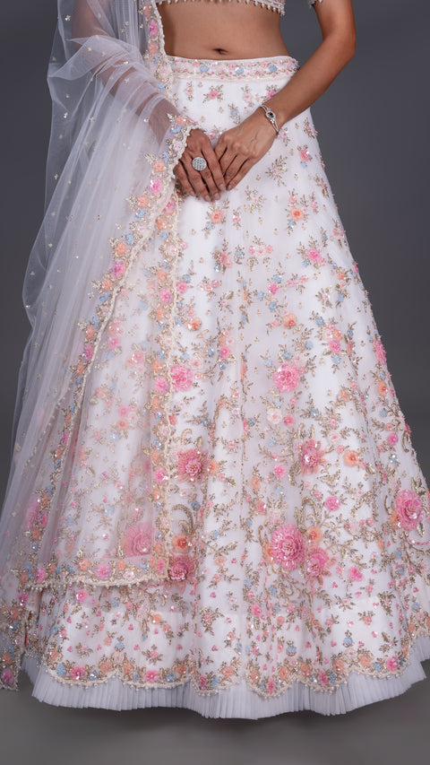 White Floral Net Bridal Lehenga With Dupatta