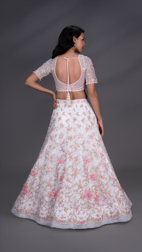 White Floral Net Bridal Lehenga With Dupatta