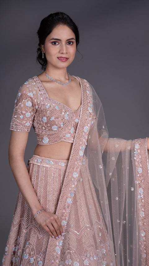 Coffee Colour Net Bridal Lehenga With Dupatta