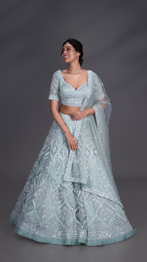 Sea Green Organza Tissue Bridal Lehenga With Dupatta