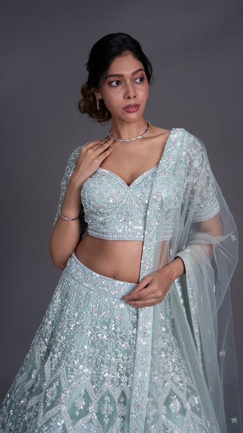 Sea Green Organza Tissue Bridal Lehenga With Dupatta