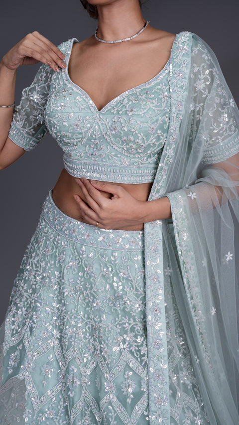 Sea Green Organza Tissue Bridal Lehenga With Dupatta