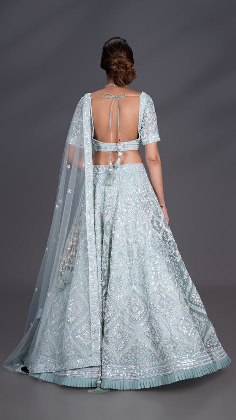 Sea Green Organza Tissue Bridal Lehenga With Dupatta