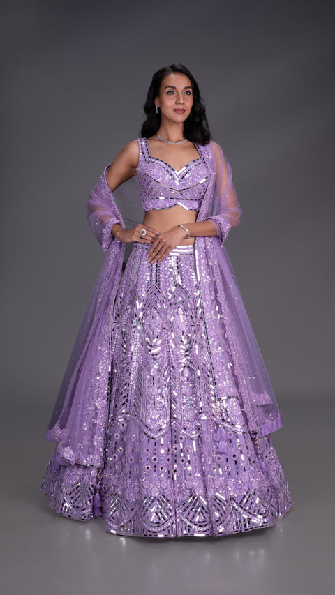 Purple Organza Tissue Bridal Lehenga With Dupatta