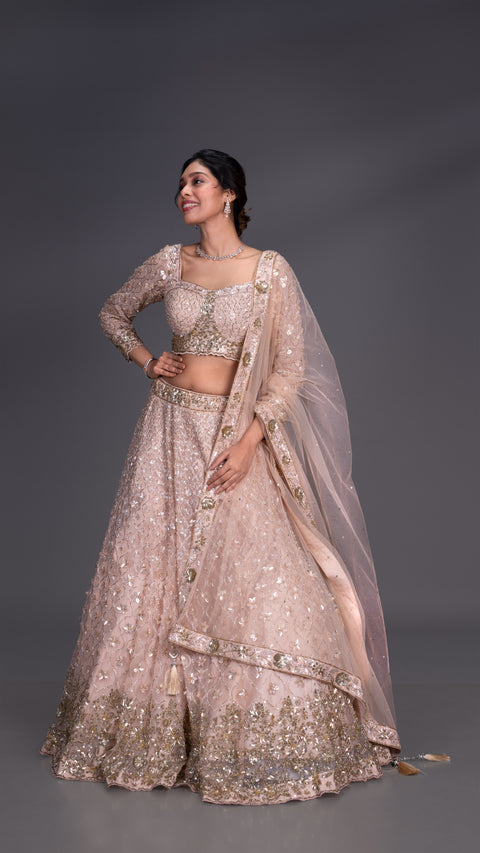 Coffee Colour Organza Tissue Bridal Lehenga With Dupatta