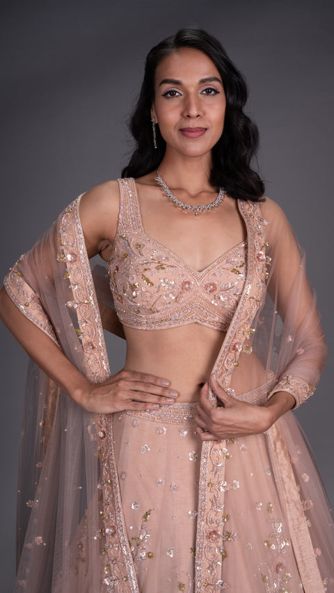 Light Brown Organza Tissue Bridal Lehenga With Dupatta