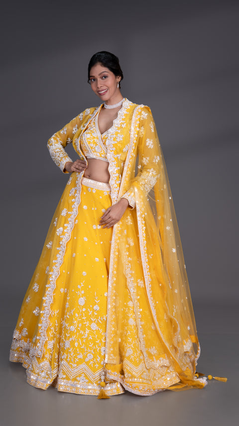 Yellow Organza Tissue Bridal Lehenga With Jacket And Dupatta