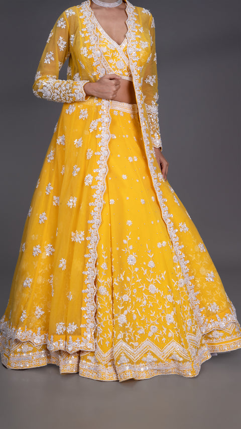 Yellow Organza Tissue Bridal Lehenga With Jacket And Dupatta