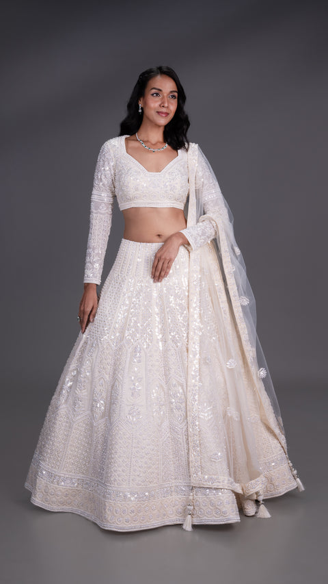 Ivory Organza Tissue Base Bridal Lehenga With Dupatta