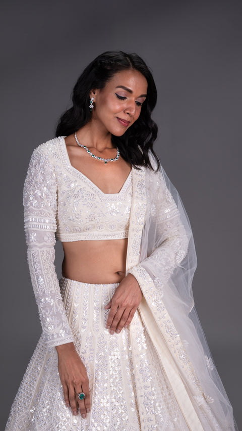 Ivory Organza Tissue Base Bridal Lehenga With Dupatta