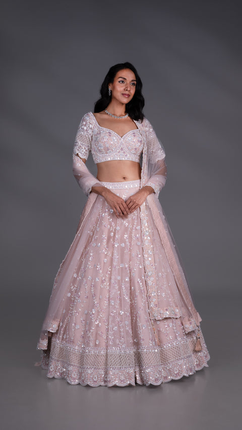 Light Peach Organza Tissue Bridal Lehenga With Dupatta