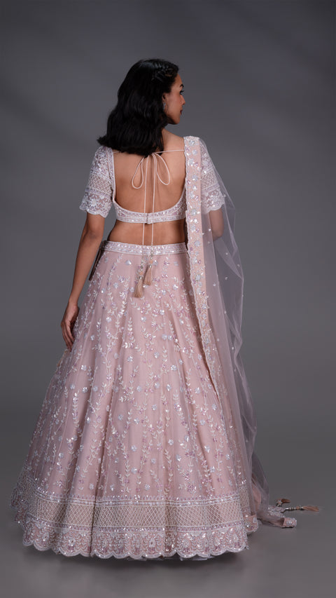 Light Peach Organza Tissue Bridal Lehenga With Dupatta