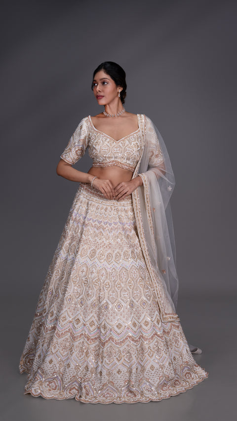 Cream Silk Bridal Lehenga With Net Dupatta